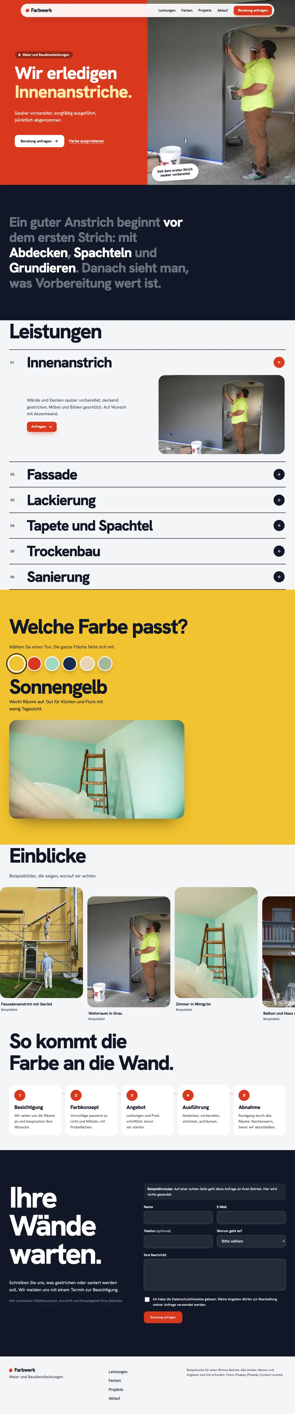 Screenshot der Beispielseite für Maler und Baudienstleistungen, gesamte Seite von oben nach unten