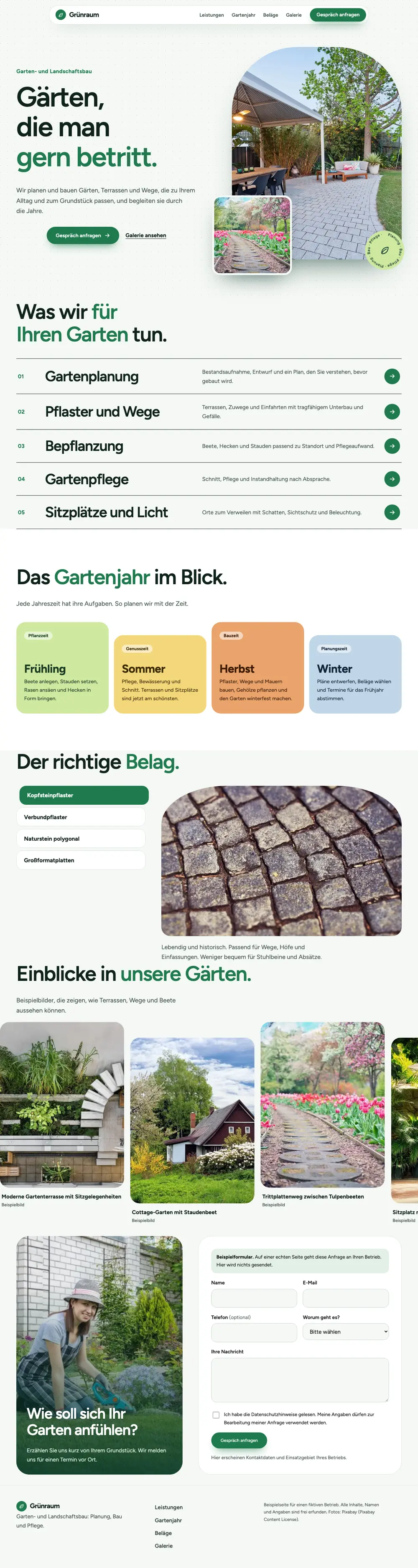 Screenshot der Beispielseite für Garten- und Landschaftsbau, gesamte Seite von oben nach unten