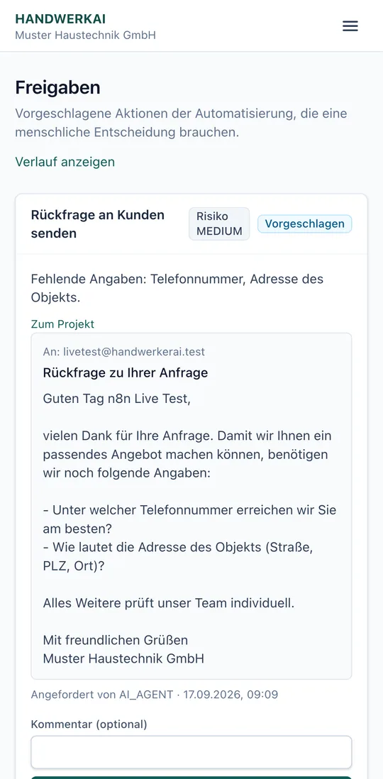 Freigabe-Zentrale von HandwerkAI mit einem vorbereiteten Rückfrage-Entwurf, mobile Ansicht