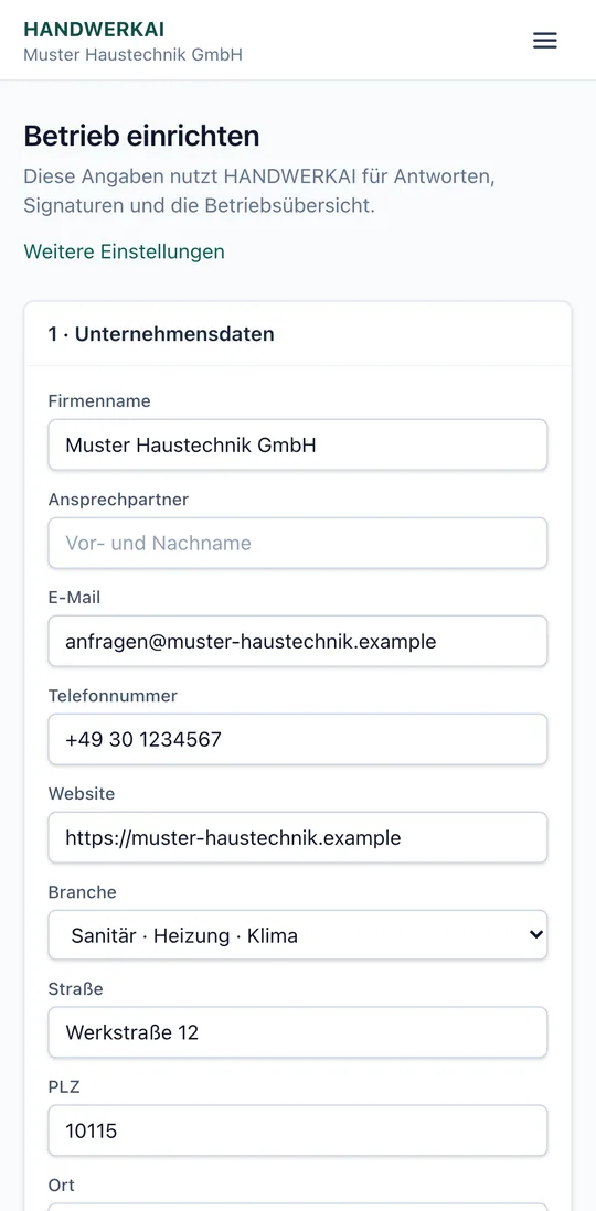 Einrichtungsseite von HandwerkAI mit Unternehmensdaten und Betriebsstatus, mobile Ansicht