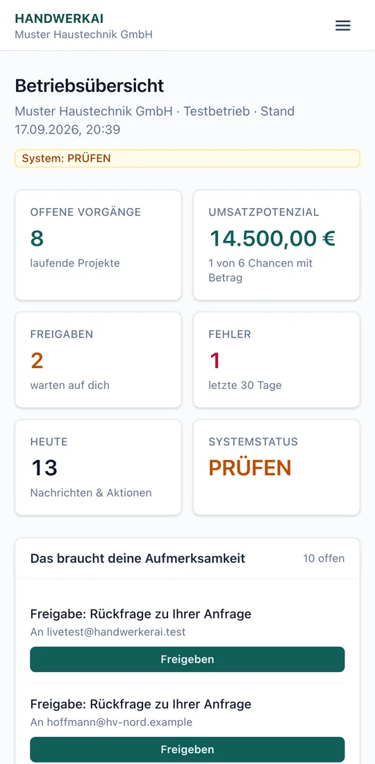 Betriebsübersicht von HandwerkAI auf dem Smartphone