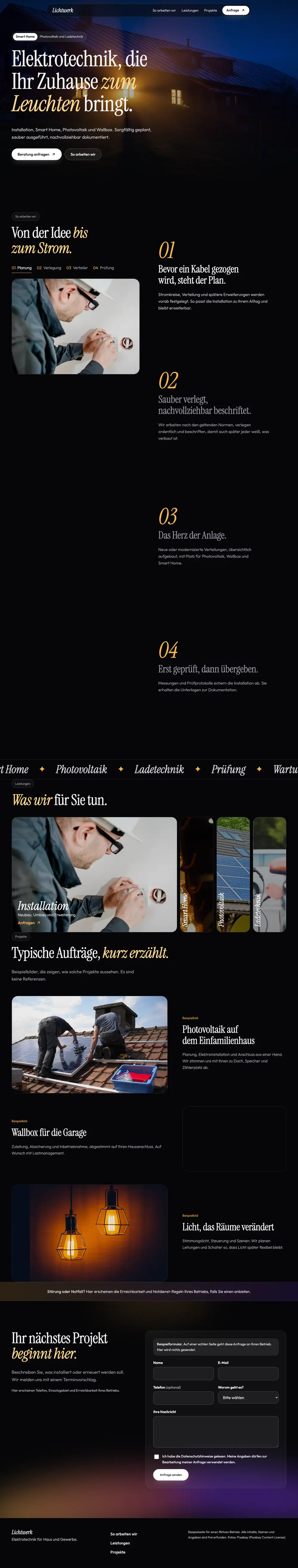 Screenshot der Beispielseite für Elektro und Smart Home, gesamte Seite von oben nach unten