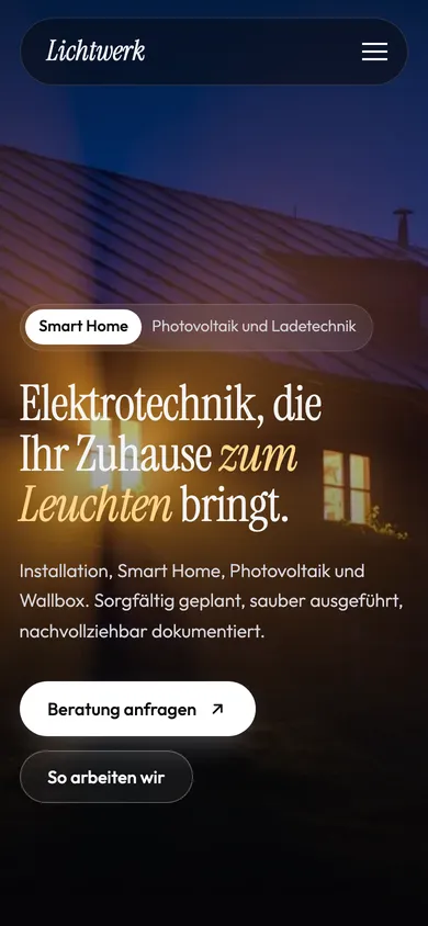 Screenshot der mobilen Ansicht der Beispielseite für Elektro und Smart Home