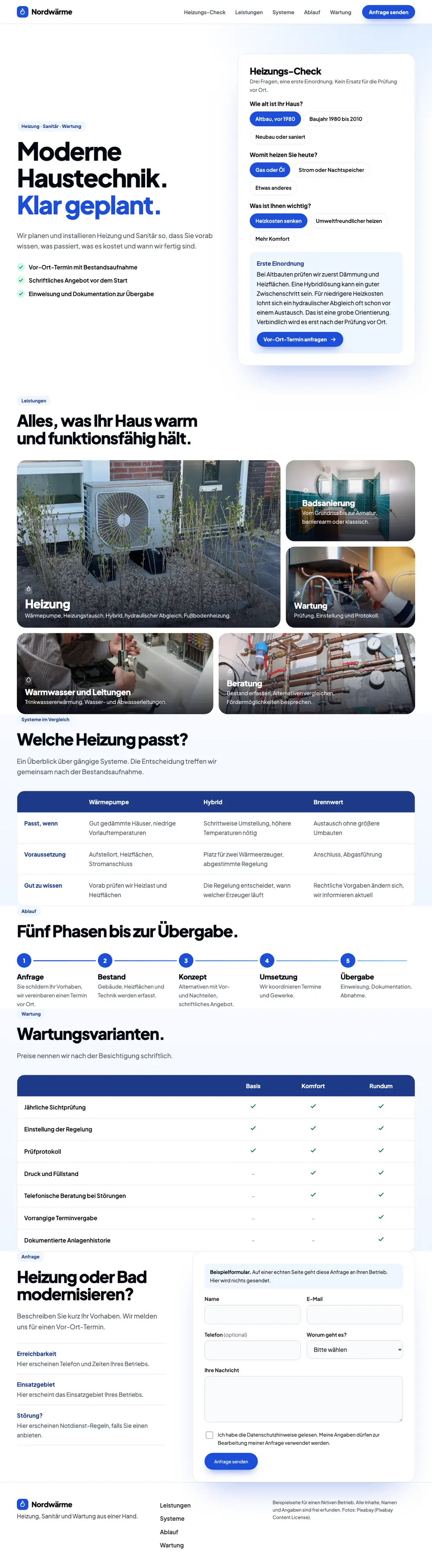 Screenshot der Beispielseite für SHK: Heizung, Sanitär, Wartung, gesamte Seite von oben nach unten