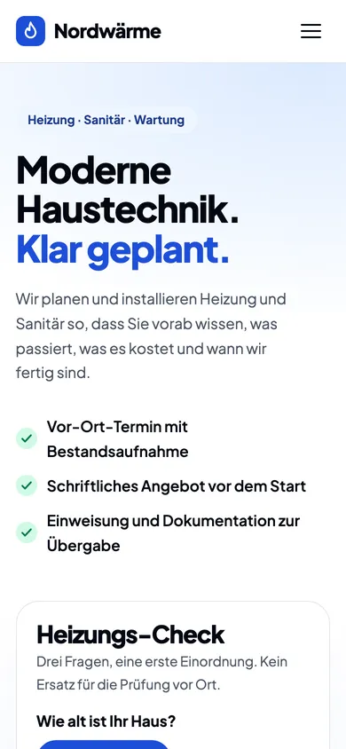Screenshot der mobilen Ansicht der Beispielseite für SHK: Heizung, Sanitär, Wartung